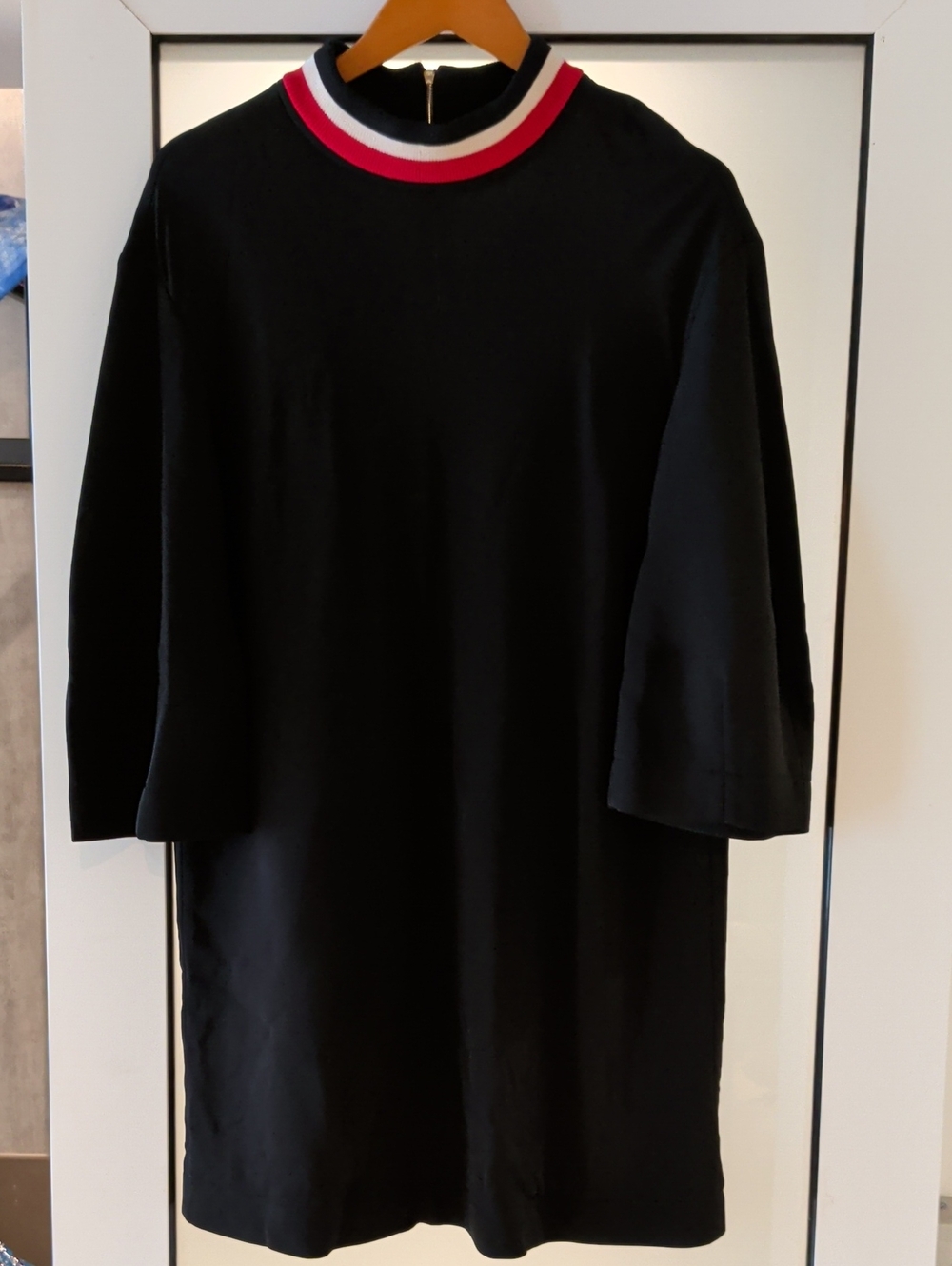 Marni Black Long-Sleeve Shift Dress with Red, White, Navy Collar